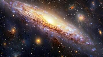 A sprawling view of a distant galaxy with swirling nebulae and glowing stars photo