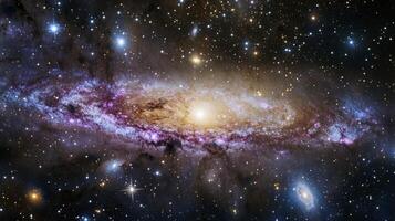 A sprawling view of a distant galaxy with swirling nebulae and glowing stars photo