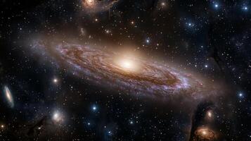 A sprawling view of a distant galaxy with swirling nebulae and glowing stars photo