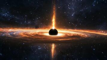 A vast galactic horizon with a black hole at its center, pulling in light and matter photo