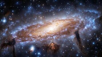 A sprawling view of a distant galaxy with swirling nebulae and glowing stars photo