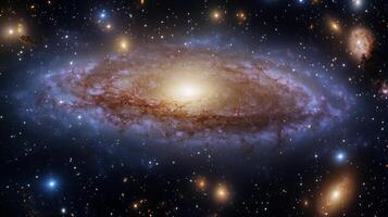 A sprawling view of a distant galaxy with swirling nebulae and glowing stars photo