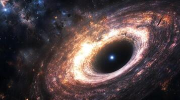 A vast galactic horizon with a black hole at its center, pulling in light and matter photo