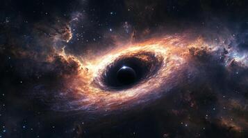 A vast galactic horizon with a black hole at its center, pulling in light and matter photo