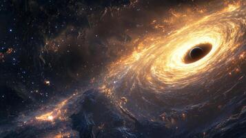 A vast galactic horizon with a black hole at its center, pulling in light and matter photo