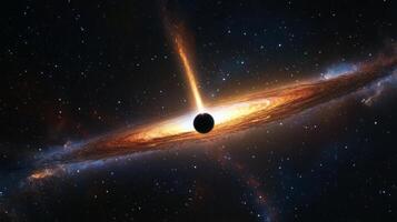 A vast galactic horizon with a black hole at its center, pulling in light and matter photo