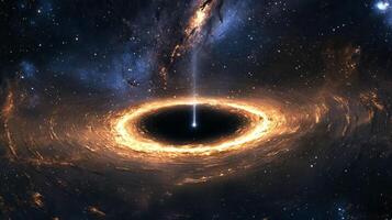 A vast galactic horizon with a black hole at its center, pulling in light and matter photo