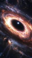 A vast galactic horizon with a black hole at its center, pulling in light and matter photo