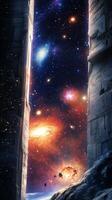 A view of a colossal space structure with distant galaxies and stars shimmering behind it photo