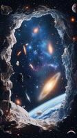 A view of a colossal space structure with distant galaxies and stars shimmering behind it photo