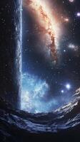 A view of a colossal space structure with distant galaxies and stars shimmering behind it photo