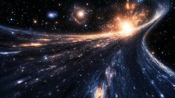 A view of a colossal space structure with distant galaxies and stars shimmering behind it photo