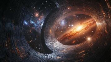 A view of a colossal space structure with distant galaxies and stars shimmering behind it photo