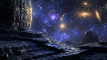 A view of a colossal space structure with distant galaxies and stars shimmering behind it photo