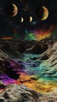 An alien planet surface with colorful gases and multiple moons visible in the sky photo