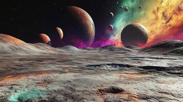 An alien planet surface with colorful gases and multiple moons visible in the sky photo