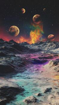 An alien planet surface with colorful gases and multiple moons visible in the sky photo