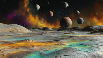 An alien planet surface with colorful gases and multiple moons visible in the sky photo