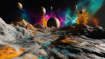 An alien planet surface with colorful gases and multiple moons visible in the sky photo