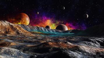 An alien planet surface with colorful gases and multiple moons visible in the sky photo