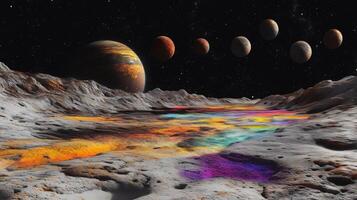 An alien planet surface with colorful gases and multiple moons visible in the sky photo
