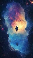 A deep cosmic abyss with a starship silhouetted against the glowing galaxy backdrop photo