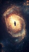 A deep cosmic abyss with a starship silhouetted against the glowing galaxy backdrop photo