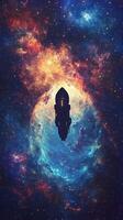 A deep cosmic abyss with a starship silhouetted against the glowing galaxy backdrop photo