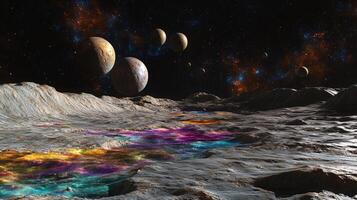 An alien planet surface with colorful gases and multiple moons visible in the sky photo