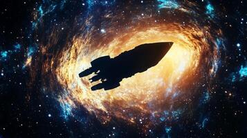 A deep cosmic abyss with a starship silhouetted against the glowing galaxy backdrop photo