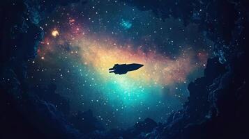 A deep cosmic abyss with a starship silhouetted against the glowing galaxy backdrop photo