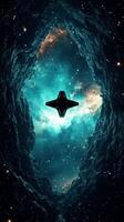 A deep cosmic abyss with a starship silhouetted against the glowing galaxy backdrop photo