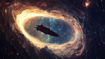 A deep cosmic abyss with a starship silhouetted against the glowing galaxy backdrop photo