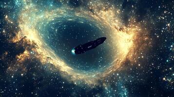 A deep cosmic abyss with a starship silhouetted against the glowing galaxy backdrop photo