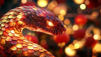 Illuminated snake scales with soft red and gold hues, against the backdrop of Chinese New Year festivities and lanterns photo