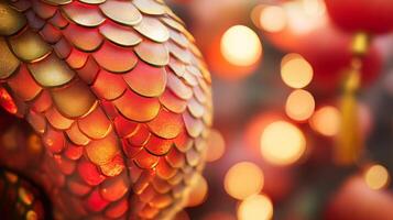 Illuminated snake scales with soft red and gold hues, against the backdrop of Chinese New Year festivities and lanterns photo