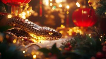 Snake scales highlighted by Chinese lantern light, with festive decorations subtly surrounding the scene in a New Year setting photo