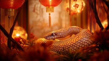 Snake scales highlighted by Chinese lantern light, with festive decorations subtly surrounding the scene in a New Year setting photo