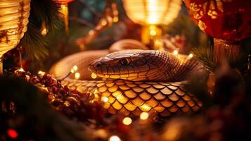 Snake scales highlighted by Chinese lantern light, with festive decorations subtly surrounding the scene in a New Year setting photo