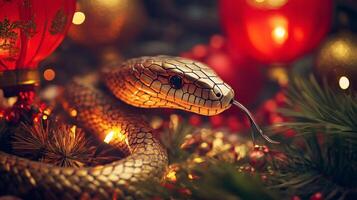Snake scales highlighted by Chinese lantern light, with festive decorations subtly surrounding the scene in a New Year setting photo