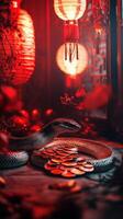 Snake scales highlighted by Chinese lantern light, with festive decorations subtly surrounding the scene in a New Year setting photo