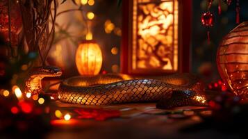 Snake scales highlighted by Chinese lantern light, with festive decorations subtly surrounding the scene in a New Year setting photo