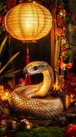 Snake scales highlighted by Chinese lantern light, with festive decorations subtly surrounding the scene in a New Year setting photo