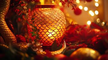Snake scales reflecting light from a Chinese New Year lantern, surrounded by festive red and gold decorations photo