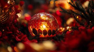 Snake scales reflecting light from a Chinese New Year lantern, surrounded by festive red and gold decorations photo