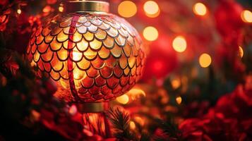 Snake scales reflecting light from a Chinese New Year lantern, surrounded by festive red and gold decorations photo
