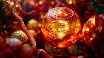Snake scales reflecting light from a Chinese New Year lantern, surrounded by festive red and gold decorations photo