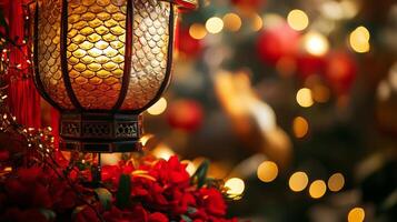 Snake scales reflecting light from a Chinese New Year lantern, surrounded by festive red and gold decorations photo