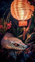 Snake scales highlighted by Chinese lantern light, with festive decorations subtly surrounding the scene in a New Year setting photo
