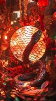 Snake scales reflecting light from a Chinese New Year lantern, surrounded by festive red and gold decorations photo